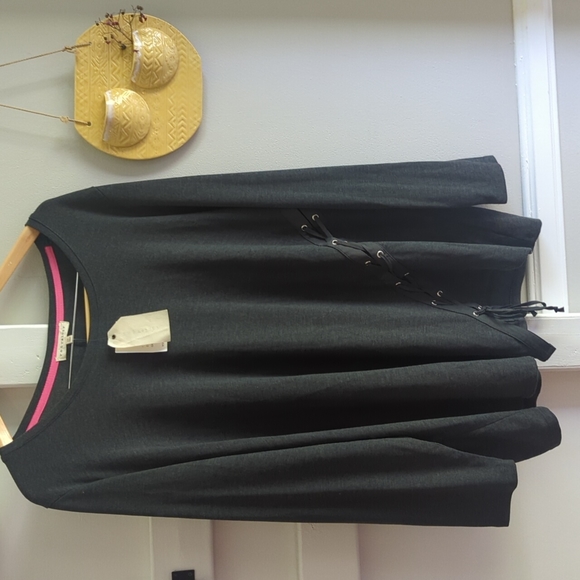 NWT Retrology Plus Dark Grey Knit Side Tie Lace Up Top 2X Lightweight Layers - Picture 2 of 9